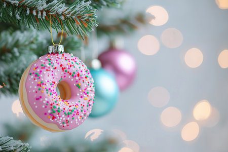 Decorative Pink Doughnut Ornament Hanging on Christmas Tree with Festive Lights. Diet, fasting and new beginning concept. New Year resolutions.の素材