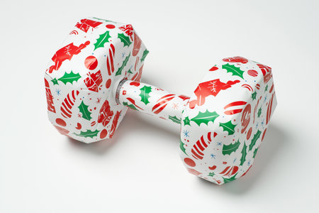 Festive gym weight wrapped like a Christmas gift presented with holiday patterns and accents. Ideal for illustrating concepts of fitness during the holiday season or unique gift ideas. New Year goals.の素材