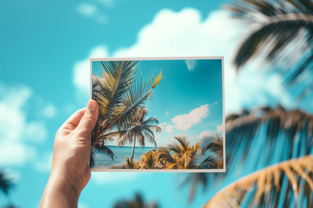A hand holds a photograph of a tropical beach in front of the real beach, evoking feelings of travel memories and coastal serenity under a sunny sky. Vacation, tourism and travel concept.の素材