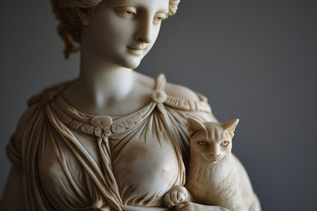 Elegant marble sculpture of a goddess accompanied by a cat, reflecting a serene blend of classical art and feline companionship, set against a neutral background, emphasizing grace and aestheticsの素材