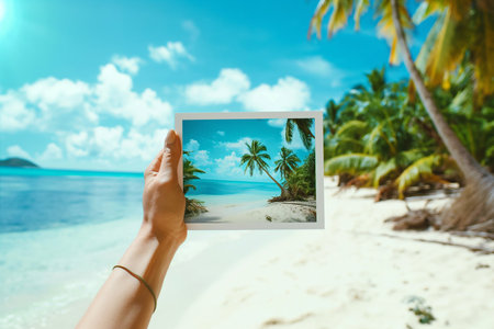 A hand holds a photograph of a tropical beach in front of the real beach, evoking feelings of travel memories and coastal serenity under a sunny sky. Vacation, tourism and travel concept.の素材