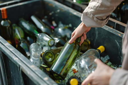 Hands sorting glass bottles into a recycling bin. Environmental responsibility and sustainable practices. The image highlights waste management and the importance of a clean, eco-friendly environmentの素材