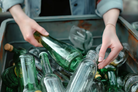 Hands sorting glass bottles into a recycling bin. Environmental responsibility and sustainable practices. The image highlights waste management and the importance of a clean, eco-friendly environmentの素材