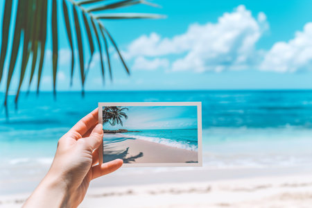 A hand holds a photograph of a tropical beach in front of the real beach, evoking feelings of travel memories and coastal serenity under a sunny sky. Vacation, tourism and travel concept.の素材
