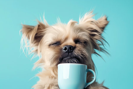 Adorable dog with messy fur snoozing while relaxing with a cup of coffee in front of a bright background.の素材