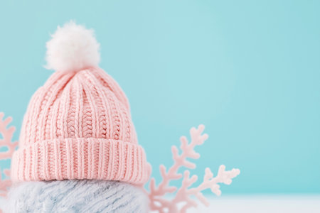 A cozy knitted pink winter hat with a fluffy pompom rests against a calm light blue background, symbolizing winter warmth, comfort, and a festive seasonal atmosphereの素材