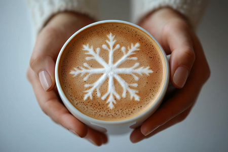Hands in white sweater cuffs holding a cup of coffee or cocoa with a snowflake latte art on its foam, evoking winter themes, comfort, and coziness during cold seasons. Coffee lovers concept.の素材