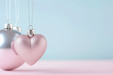Hanging Glittery Heart-Shaped Christmas Baubles on a Soft Light Blue Background. Christmas balls in a shape of a heart. Love and romantic symbol, Saint Valentine's Day background.の素材