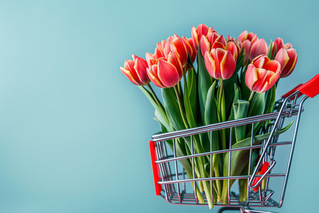 Vibrant pink tulips displayed in a mini shopping cart, set against a light blue backdrop, representing spring, shopping, decoration, and nature's beauty. Sale, discount for Mother or Women's Day.の素材