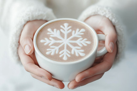 Hands in white sweater cuffs holding a cup of coffee or cocoa with a snowflake latte art on its foam, evoking winter themes, comfort, and coziness during cold seasons. Coffee lovers concept.の素材