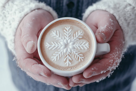 Hands in white sweater cuffs holding a cup of coffee or cocoa with a snowflake latte art on its foam, evoking winter themes, comfort, and coziness during cold seasons. Coffee lovers concept.の素材