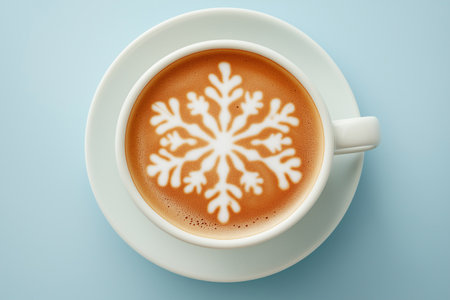 A top-down view of a coffee cup with intricate snowflake latte art, placed on a pastel blue background, conveying warmth and a winter holiday moodの素材