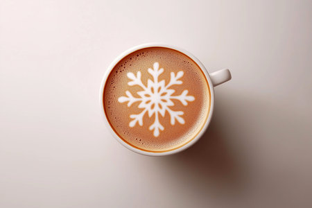 Winter symbol, snowflake coffee latte art. Top view of a cup of hot chocolate featuring a beautiful snowflake foam art on a neutral background, creating a cozy and festive feelの素材