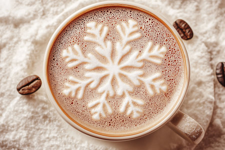 Winter symbol, snowflake coffee latte art. Top view of a cup of hot chocolate featuring a beautiful snowflake foam art on a neutral background, creating a cozy and festive feelの素材