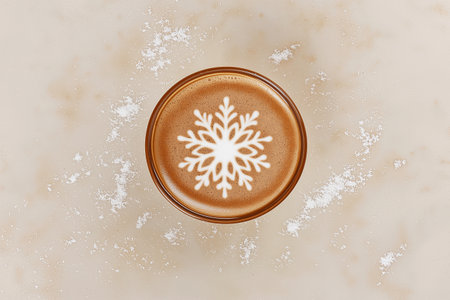 Winter symbol, snowflake coffee latte art. Top view of a cup of hot chocolate featuring a beautiful snowflake foam art on a neutral background, creating a cozy and festive feelの素材