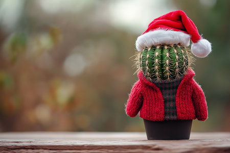 Festive Potted Cactus Dressed in a Santa Hat and Red Winter Jacket with a Cheerful Holiday Theme.の素材