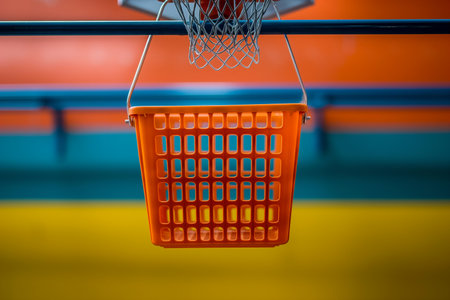 An orange shopping plastic basket is uniquely used as a basketball goal in a brightly colored gym interior, combining functionality and creativity. Sale, Black Friday, good choice concept.の素材