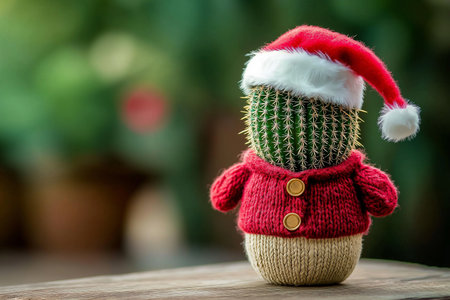 Festive Potted Cactus Dressed in a Santa Hat and Red Winter Jacket with a Cheerful Holiday Theme.の素材