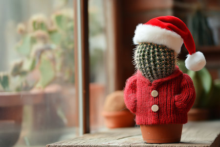 Festive Potted Cactus Dressed in a Santa Hat and Red Winter Jacket with a Cheerful Holiday Theme.の素材