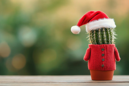 Festive Potted Cactus Dressed in a Santa Hat and Red Winter Jacket with a Cheerful Holiday Theme.の素材