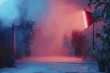 A stylish studio setup featuring dramatic red and blue lighting, leafy houseplants in the foreground, and a functional strobe light on a stand creating a captivating atmosphere for creative shootsの素材