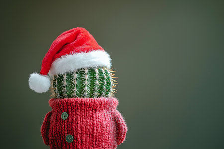 Festive Potted Cactus Dressed in a Santa Hat and Red Winter Jacket with a Cheerful Holiday Theme.の素材