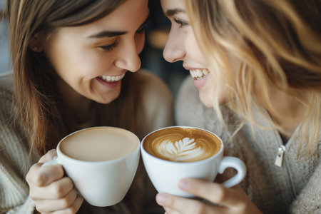 Two friends enjoying coffee at a cozy cafe, two women with cappuccino talking in a coffee shop, friendship and happiness. Women gossiping, date or spending time together.の素材