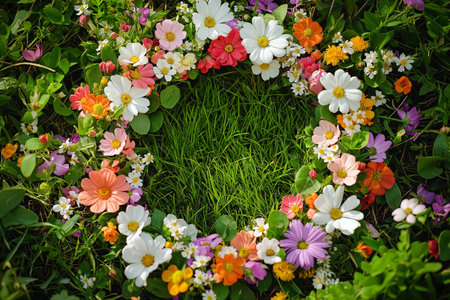 Beautiful Floral Wreath Displayed on a Sunny Spring Meadow. Handcrafted flower wreath lying on fresh green grass, representing springtime and seasonal beautyの素材