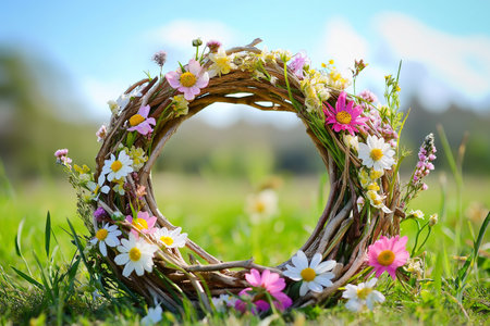 Beautiful Floral Wreath Displayed on a Sunny Spring Meadow. Handcrafted flower wreath lying on fresh green grass, representing springtime and seasonal beautyの素材