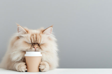 Funny sleepy cat with messy fur holding a cup of coffee on grey studio background. Tired cat holding a coffee cup, morning exhaustion, need for caffeine. I hate Mondays concept.の素材