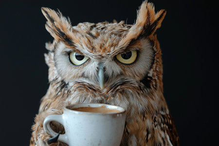 Sleepy tired, grumpy owl with wild feathers, holding a coffee cup, embodying the need for hot coffee or a caffeine and a humorous take on sleepiness. I hate Mondays concept.の素材