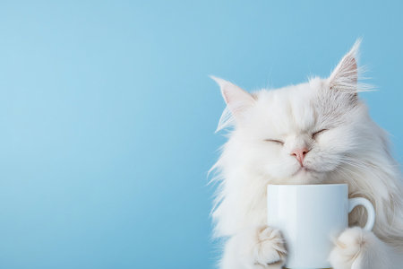 Funny sleepy cat with messy fur holding a cup of coffee against a teal background. Tired cat with tangled fur holding coffee cup, morning exhaustion, need for caffeine. I hate Mondays conceptの素材