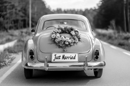 Wedding just married car decorated with flowers on a road. Classic vintage elegant bridal car, old-fashioned car. Floral wedding decorations, traditional festive celebrations, wedding dayの素材