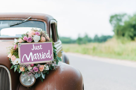 Wedding just married car decorated with flowers on a road. Classic vintage elegant bridal car, old-fashioned car. Floral wedding decorations, traditional festive celebrations, wedding dayの素材