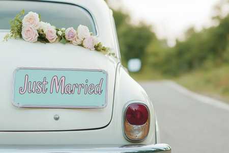Wedding just married car decorated with flowers on a road. Classic vintage elegant bridal car, old-fashioned car. Floral wedding decorations, traditional festive celebrations, wedding dayの素材