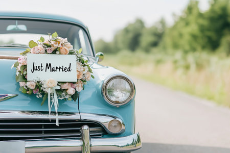Wedding just married car decorated with flowers on a road. Classic vintage elegant bridal car, old-fashioned car. Floral wedding decorations, traditional festive celebrations, wedding dayの素材