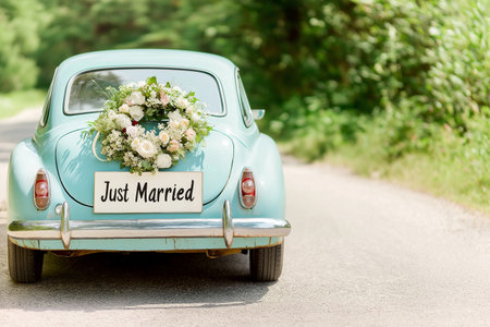 Wedding just married car decorated with flowers on a road. Classic vintage elegant bridal car, old-fashioned car. Floral wedding decorations, traditional festive celebrations, wedding dayの素材