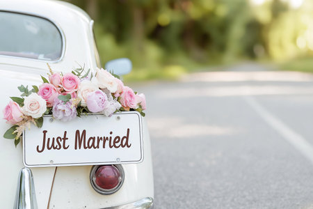 Wedding just married car decorated with flowers on a road. Classic vintage elegant bridal car, old-fashioned car. Floral wedding decorations, traditional festive celebrations, wedding dayの素材