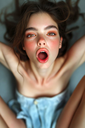 Erotic, sex, masturbation, cunnilingus, porn. Young woman having orgasm. Beautiful woman with open mouth enjoying sex lying in bed, wide open legs pose. Sexual experience, sensual pleasureの素材