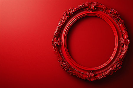Baroque red round ornate frame with an elegant flower motif background. A detailed red vintage round frame with floral ornamentation on a matching background. Mockup with copy space for text.の素材