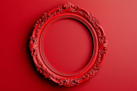 Baroque red round ornate frame with an elegant flower motif background. A detailed red vintage round frame with floral ornamentation on a matching background. Mockup with copy space for text.の素材