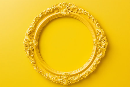 Baroque yellow round ornate frame with an elegant flower motif background. A detailed yellow vintage round frame with floral ornamentation on a matching background. Mockup with copy space for text.の素材