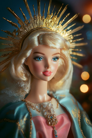 Artistic portrayal of a classic doll as a heavenly figure in golden light, saint. Modern beauty standards, idols from magazine, plastic surgery concept.の素材