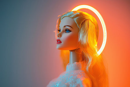 Artistic portrayal of a classic doll as a heavenly figure in golden light, saint. Modern beauty standards, idols from magazine, plastic surgery concept.の素材