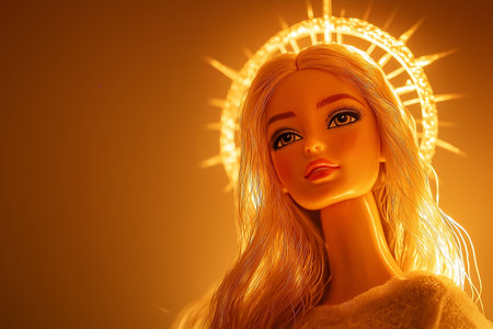Artistic portrayal of a classic doll as a heavenly figure in golden light, saint. Modern beauty standards, idols from magazine, plastic surgery concept.の素材