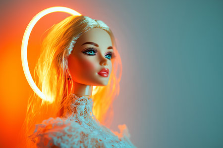 Artistic portrayal of a classic doll as a heavenly figure in golden light, saint. Modern beauty standards, idols from magazine, plastic surgery concept.の素材