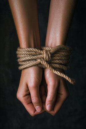 Closeup of hands bound with rope capturing emotions and vulnerability. Detailed view of tied hands symbolizing captivity, restraint, and human emotionsの素材