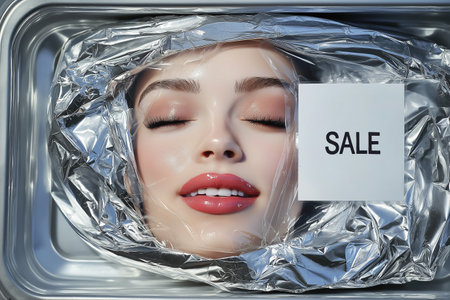 A smiling woman's face covered with plastic wrap, packed in a shop, prominently labeled "Sale". Surreal and artistic theme, beauty for sale in grocery store, selling perfect face. Beauty standards.の素材