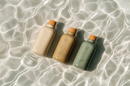 Flat lay composition of three elegant beige and brown shampoo bottles in rippling golden water. Perfect for beauty and self-care concepts.の素材