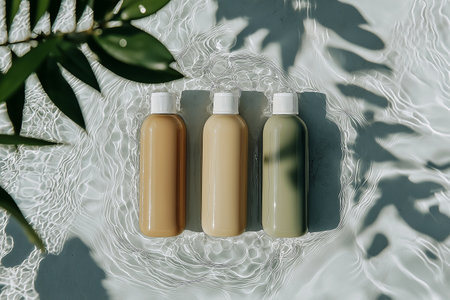 Flat lay composition of three elegant beige and brown shampoo bottles in rippling clear water. Perfect for beauty and self-care concepts.の素材